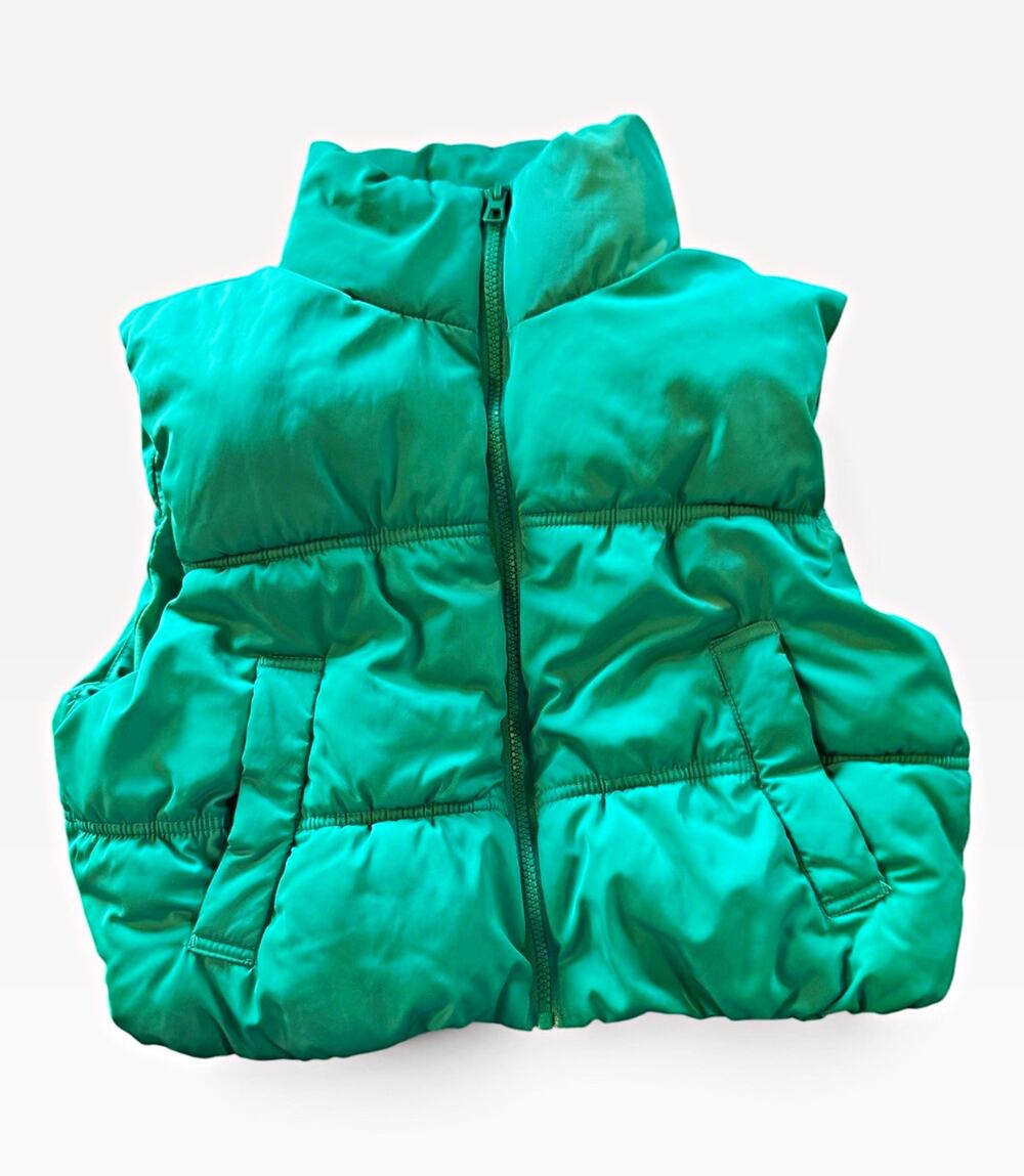 Women’s Green Teal Puffer Vest Full Zip High Neck Cropped Y2K Winter Jacket